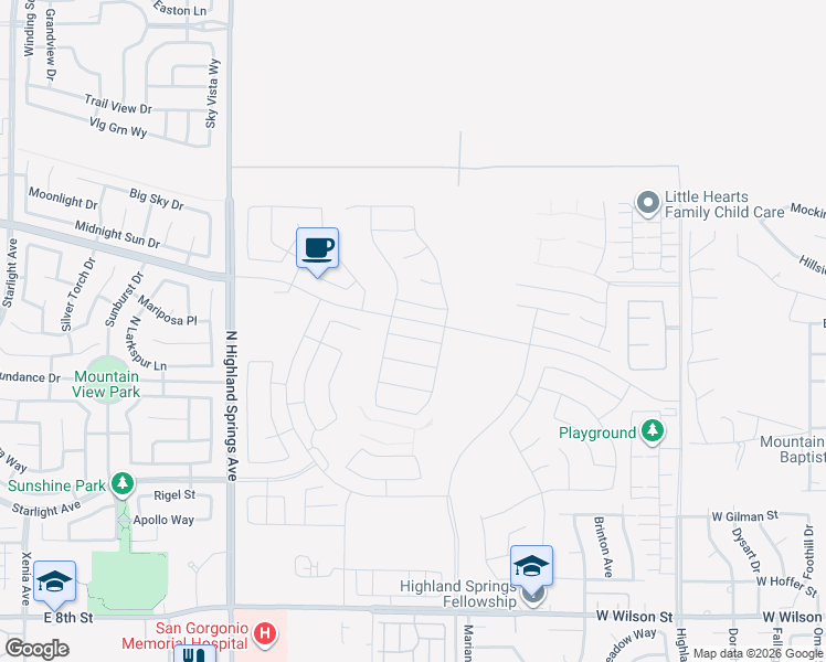 map of restaurants, bars, coffee shops, grocery stores, and more near 5751 Falcon Way in Banning