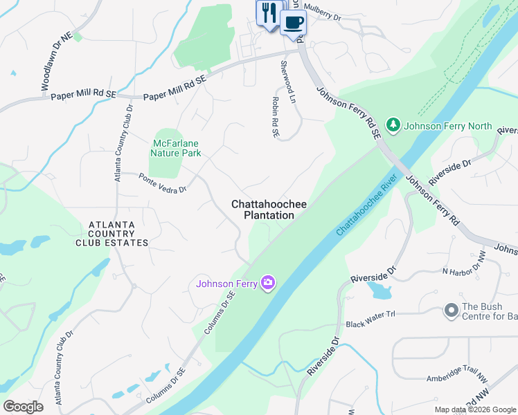map of restaurants, bars, coffee shops, grocery stores, and more near 410 Dogwood Trail in Marietta