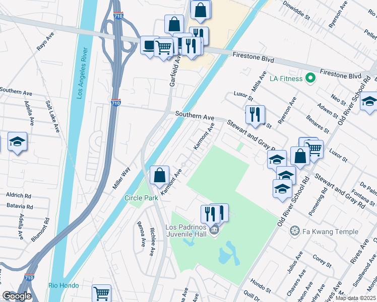 map of restaurants, bars, coffee shops, grocery stores, and more near 9755 Karmont Avenue in South Gate