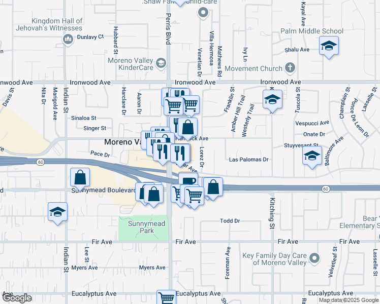 map of restaurants, bars, coffee shops, grocery stores, and more near in Moreno Valley