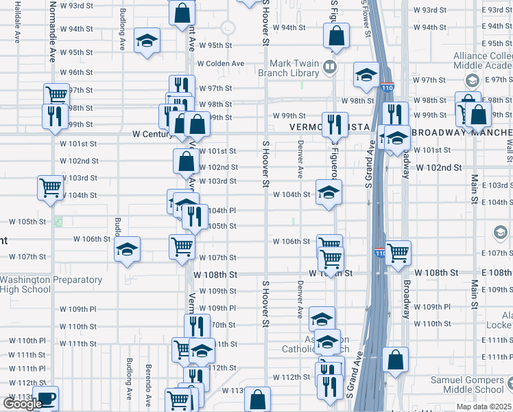 map of restaurants, bars, coffee shops, grocery stores, and more near 715 West 104th Street in Los Angeles