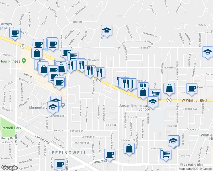 map of restaurants, bars, coffee shops, grocery stores, and more near 16065 Gables Loop in Whittier