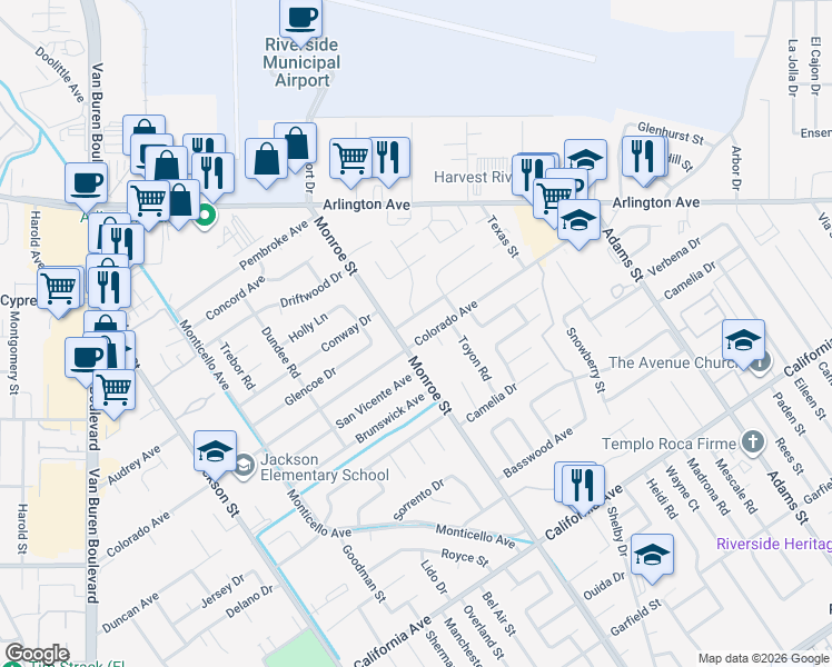 map of restaurants, bars, coffee shops, grocery stores, and more near 8675 Colorado Avenue in Riverside
