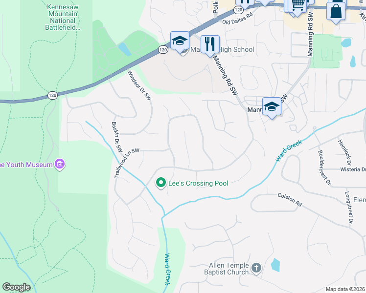 map of restaurants, bars, coffee shops, grocery stores, and more near 1115 Chestnut Hill Circle Southwest in Marietta