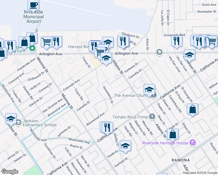map of restaurants, bars, coffee shops, grocery stores, and more near 4454 Sacramento Street in Riverside