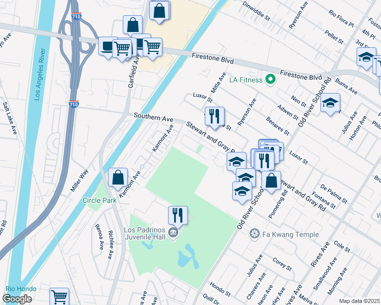 map of restaurants, bars, coffee shops, grocery stores, and more near 7120 Nada Street in Downey