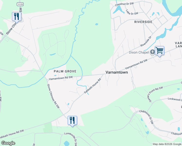 map of restaurants, bars, coffee shops, grocery stores, and more near 400 Varnamtown Road Southwest in Supply