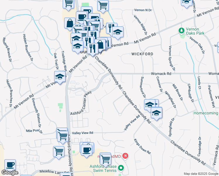 map of restaurants, bars, coffee shops, grocery stores, and more near 1392 Manget Way in Dunwoody