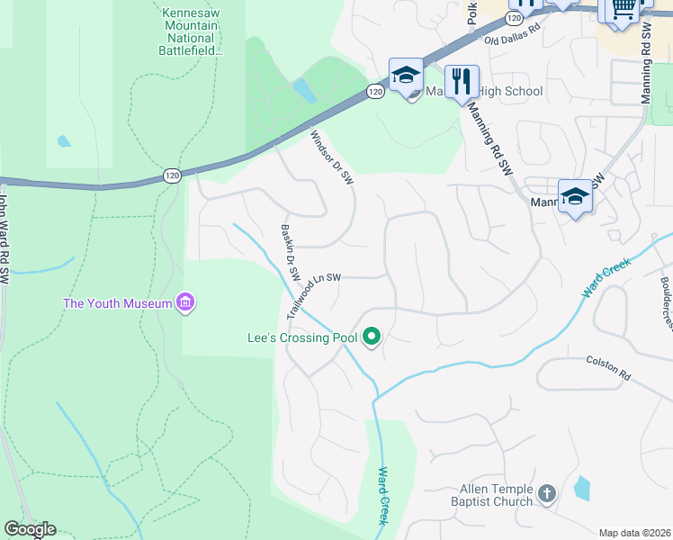 map of restaurants, bars, coffee shops, grocery stores, and more near 560 Trailwood Lane Southwest in Marietta