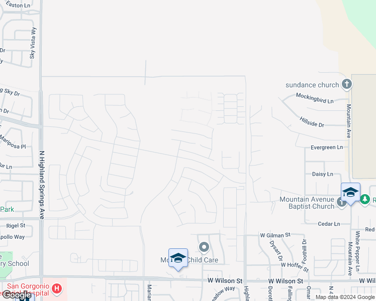 map of restaurants, bars, coffee shops, grocery stores, and more near 5231 Eureka Avenue in Banning