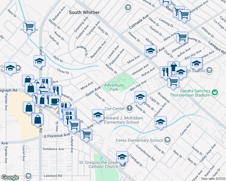 map of restaurants, bars, coffee shops, grocery stores, and more near 13833 Reis Street in Whittier