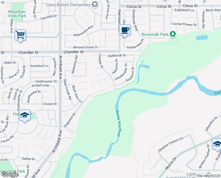 map of restaurants, bars, coffee shops, grocery stores, and more near 13879 Dearborn Street in Corona