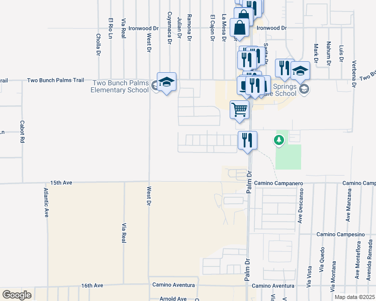 map of restaurants, bars, coffee shops, grocery stores, and more near 14777 Palm Drive in Desert Hot Springs