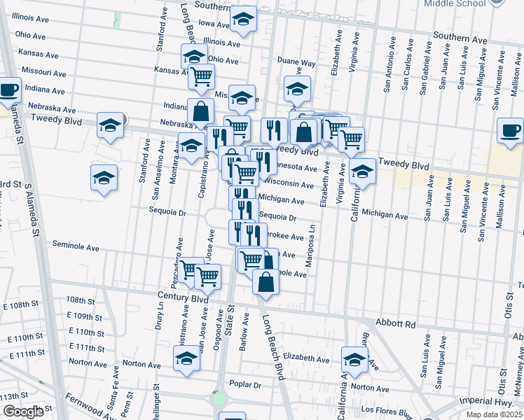 map of restaurants, bars, coffee shops, grocery stores, and more near 3269 Sequoia Drive in South Gate