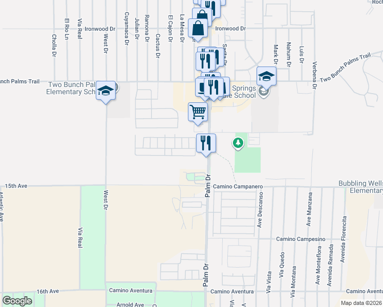 map of restaurants, bars, coffee shops, grocery stores, and more near 14777 Palm Drive in Desert Hot Springs