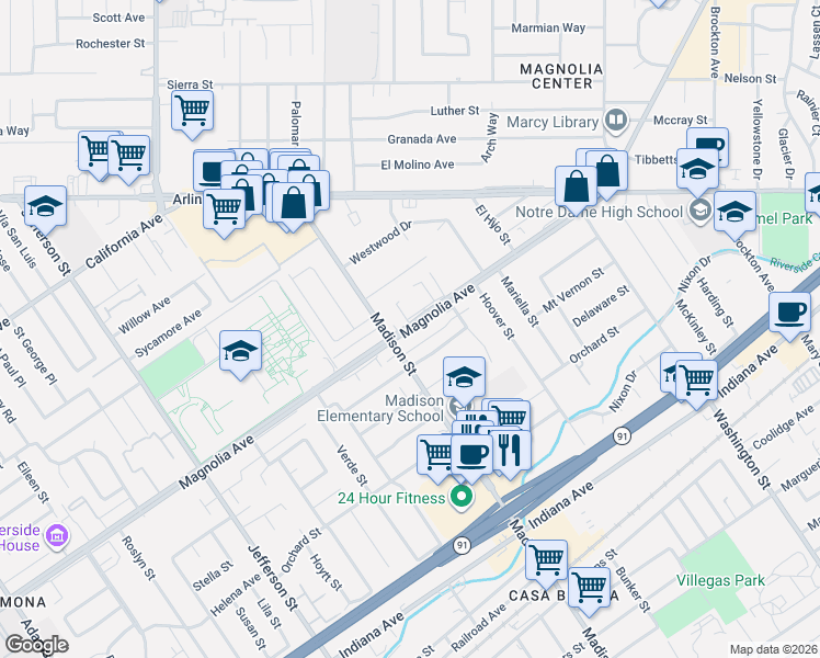 map of restaurants, bars, coffee shops, grocery stores, and more near 7448 Magnolia Avenue in Riverside