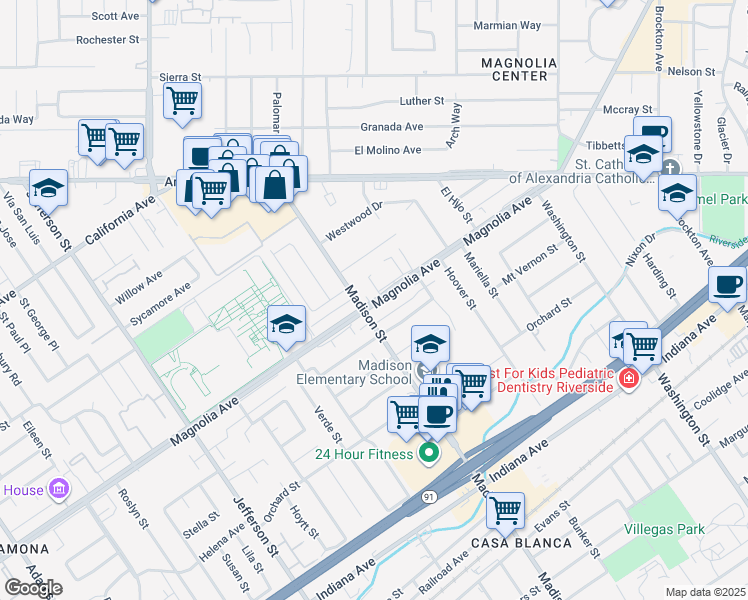 map of restaurants, bars, coffee shops, grocery stores, and more near 3815 Madison Street in Riverside