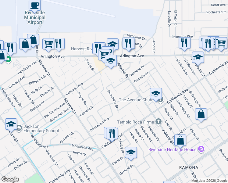 map of restaurants, bars, coffee shops, grocery stores, and more near 4474 Sacramento Street in Riverside