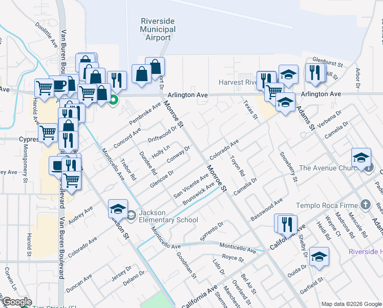 map of restaurants, bars, coffee shops, grocery stores, and more near 4642 Monroe Street in Riverside
