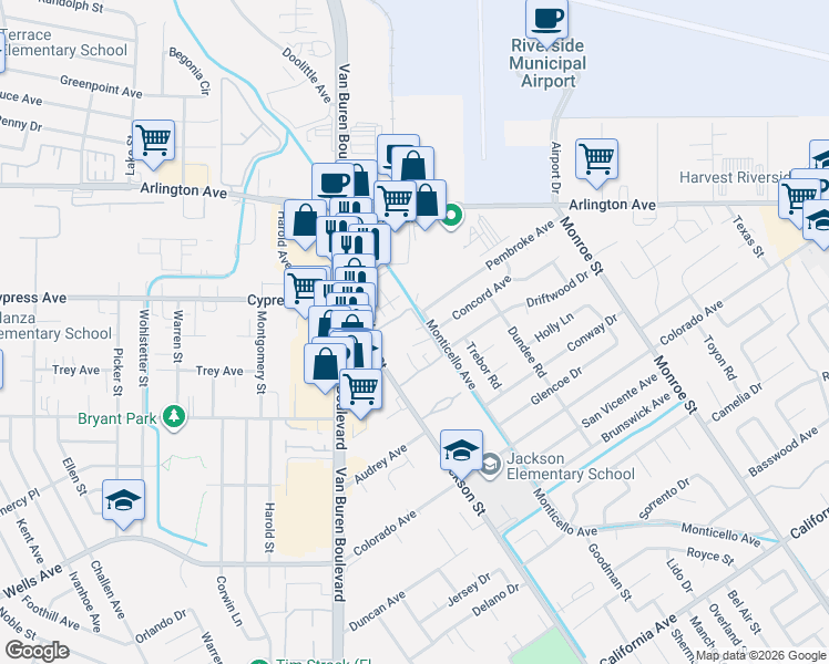 map of restaurants, bars, coffee shops, grocery stores, and more near 4879 Jackson Street in Riverside
