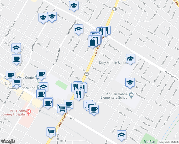 map of restaurants, bars, coffee shops, grocery stores, and more near 10506 Arrington Avenue in Downey