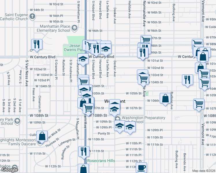 map of restaurants, bars, coffee shops, grocery stores, and more near 10409 Denker Avenue in Los Angeles
