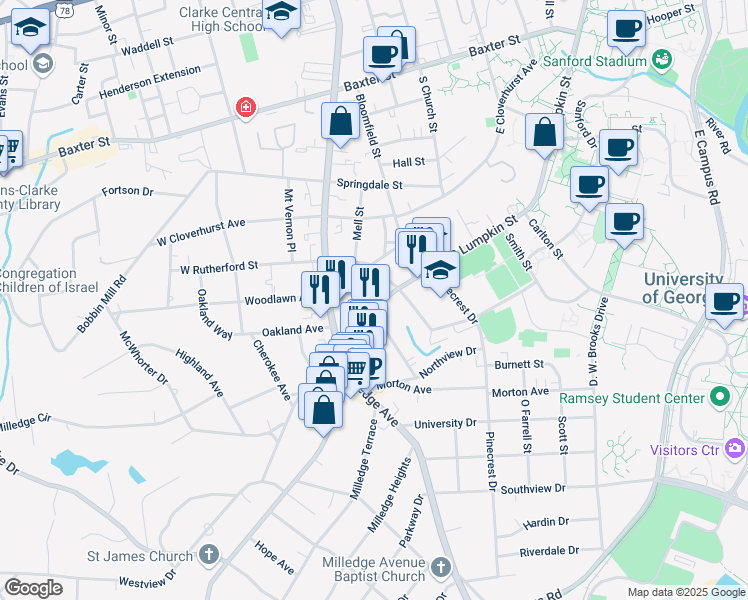 map of restaurants, bars, coffee shops, grocery stores, and more near 1540 South Lumpkin Street in Athens