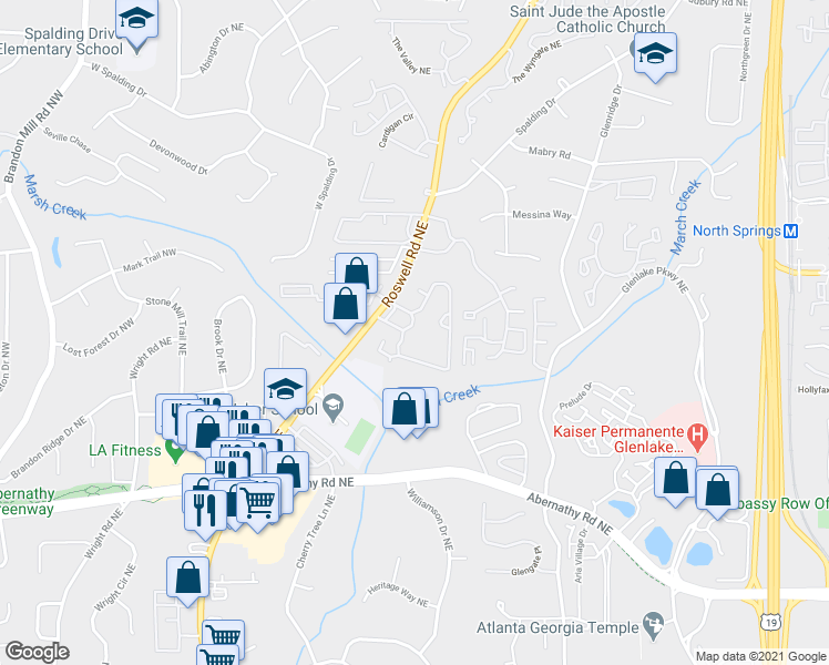 map of restaurants, bars, coffee shops, grocery stores, and more near 6851 Roswell Road Northeast in Atlanta
