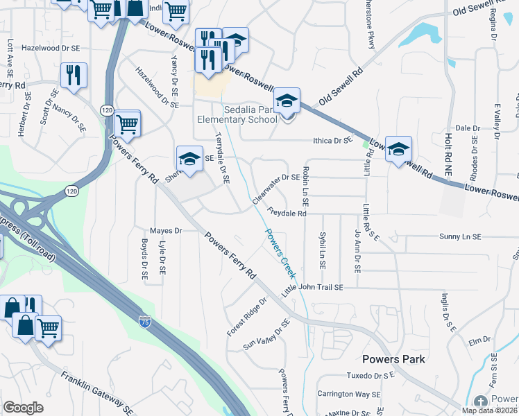 map of restaurants, bars, coffee shops, grocery stores, and more near 2187 Freydale Road in Marietta