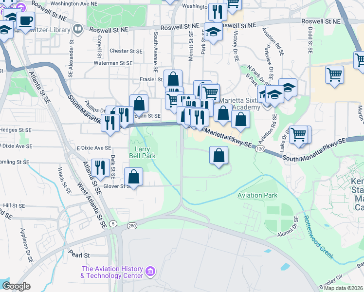 map of restaurants, bars, coffee shops, grocery stores, and more near in Marietta