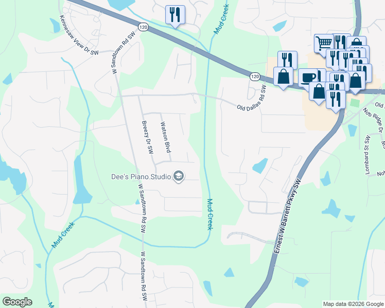 map of restaurants, bars, coffee shops, grocery stores, and more near 453 Karl Court in Marietta