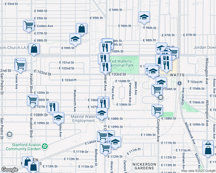 map of restaurants, bars, coffee shops, grocery stores, and more near 10408 South Central Avenue in Los Angeles