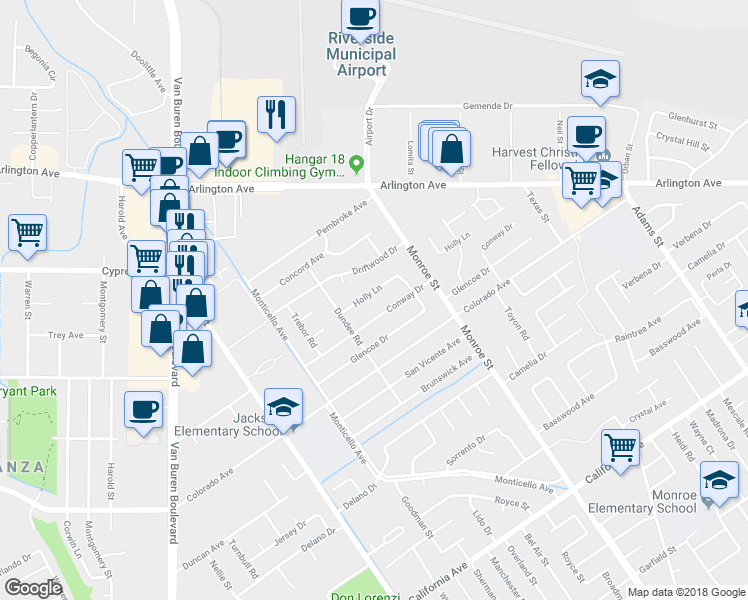 map of restaurants, bars, coffee shops, grocery stores, and more near 8804 Holly Lane in Riverside
