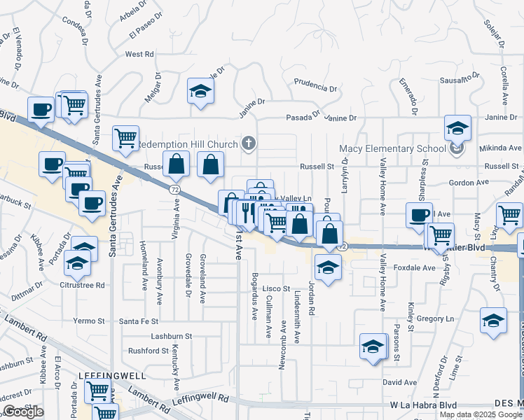 map of restaurants, bars, coffee shops, grocery stores, and more near 10418 Bogardus Avenue in Whittier