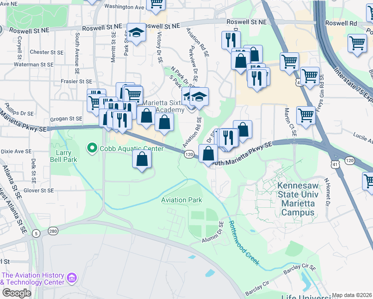 map of restaurants, bars, coffee shops, grocery stores, and more near 419 Aviation Road Southeast in Marietta