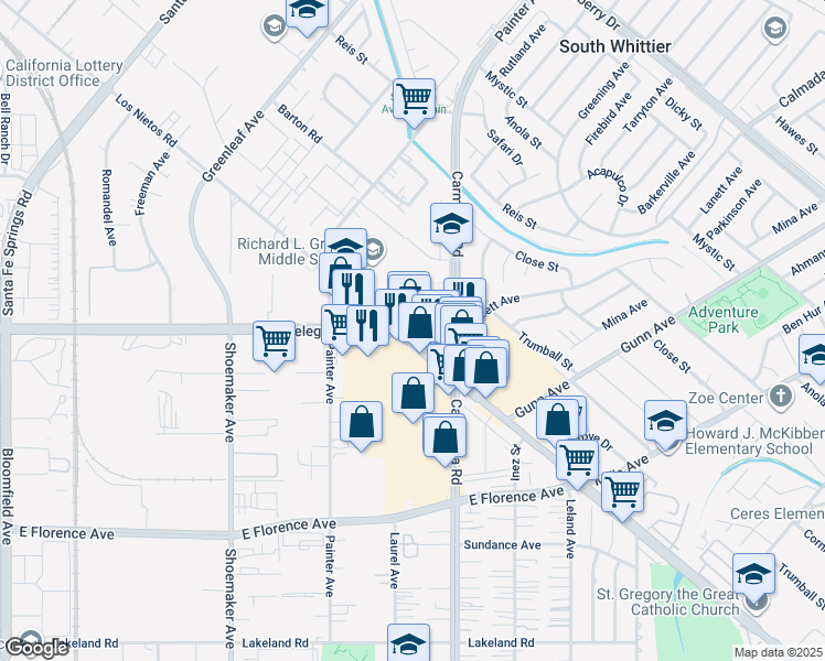 map of restaurants, bars, coffee shops, grocery stores, and more near 13313 Telegraph Road in Whittier