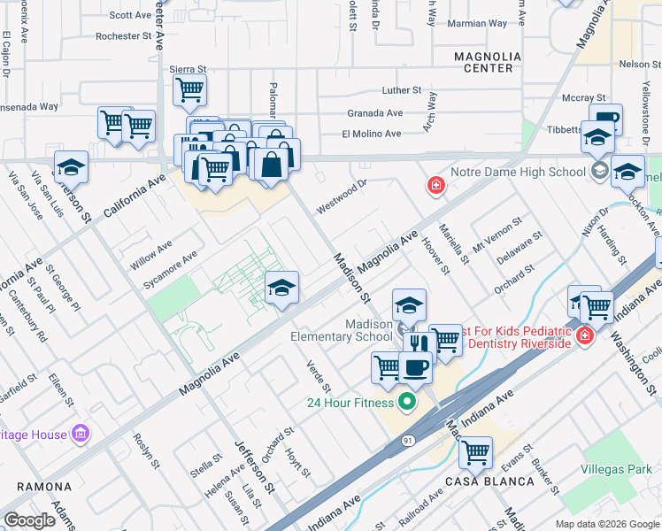 map of restaurants, bars, coffee shops, grocery stores, and more near 7516 San Juan Avenue in Riverside