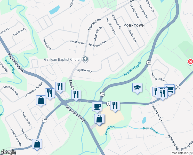 map of restaurants, bars, coffee shops, grocery stores, and more near 1341 Charter Oaks Lane in Lawrenceville
