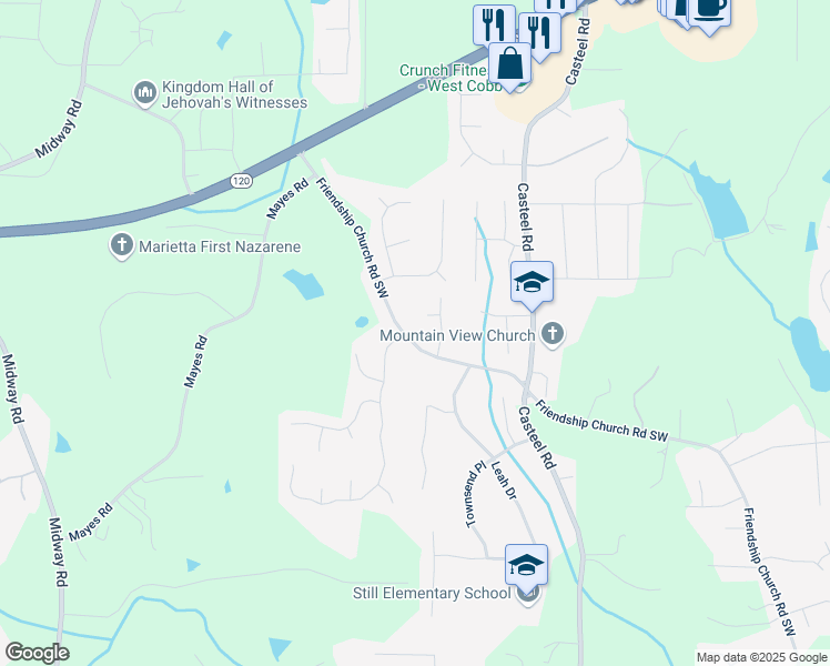 map of restaurants, bars, coffee shops, grocery stores, and more near 547 Friendship Church Road Southwest in Marietta