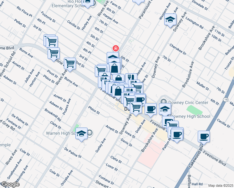 map of restaurants, bars, coffee shops, grocery stores, and more near 8129 Firestone Boulevard in Downey