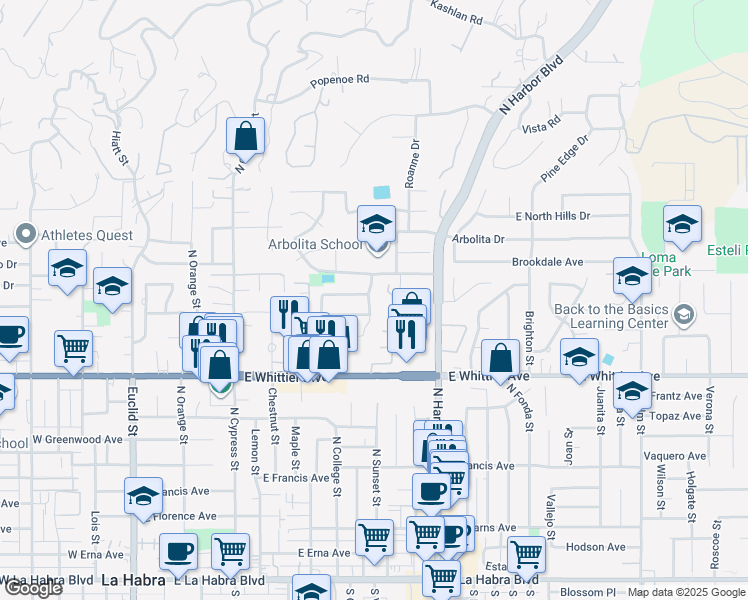 map of restaurants, bars, coffee shops, grocery stores, and more near 1040 Meadow Lark Street in La Habra