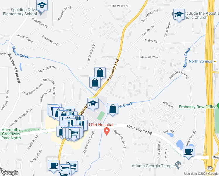 map of restaurants, bars, coffee shops, grocery stores, and more near 6851 Roswell Road in Atlanta