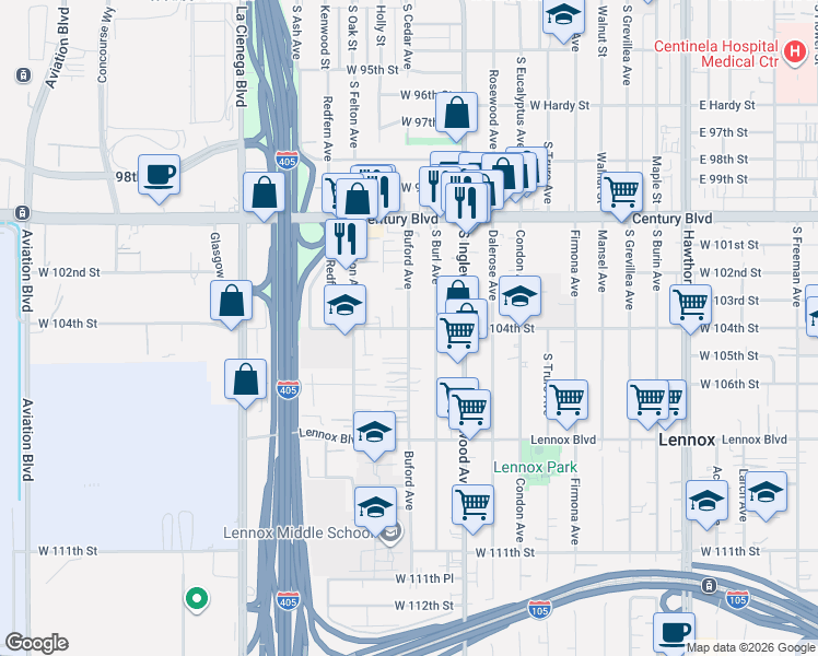 map of restaurants, bars, coffee shops, grocery stores, and more near 10398 South Buford Avenue in Lennox