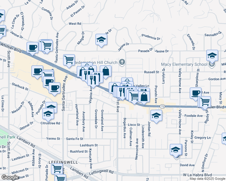 map of restaurants, bars, coffee shops, grocery stores, and more near 16169 Whittier Boulevard in Whittier