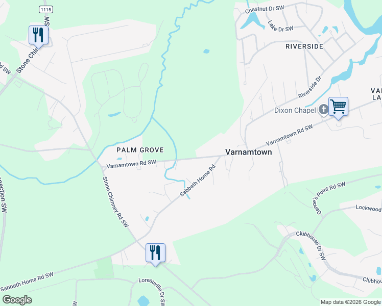 map of restaurants, bars, coffee shops, grocery stores, and more near 400 Varnamtown Road Southwest in Varnamtown