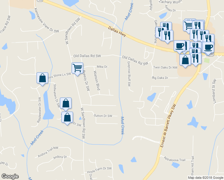 map of restaurants, bars, coffee shops, grocery stores, and more near 453 Karl Court in Marietta