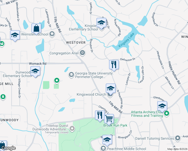 map of restaurants, bars, coffee shops, grocery stores, and more near 5141 Tilly Mill Road in Dunwoody