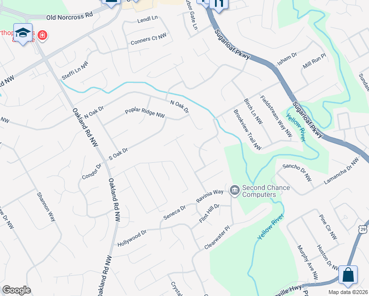 map of restaurants, bars, coffee shops, grocery stores, and more near 540 Ringtail Drive in Lawrenceville