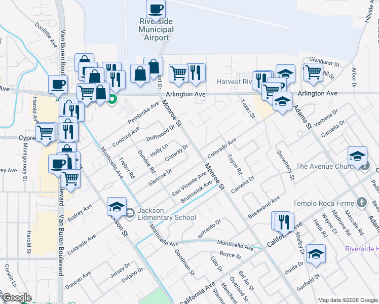 map of restaurants, bars, coffee shops, grocery stores, and more near 4651 Wildwood Way in Riverside