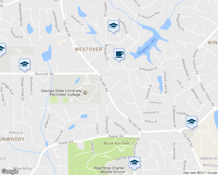 map of restaurants, bars, coffee shops, grocery stores, and more near 5141 Tilly Mill Road in Dunwoody